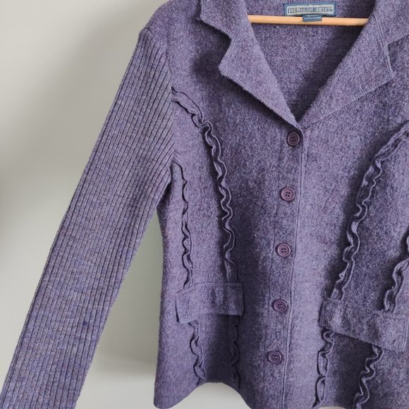 Herman Geist Purple Pure Wool Collared Button Sweater Jacket Size Small - Picture 7 of 11